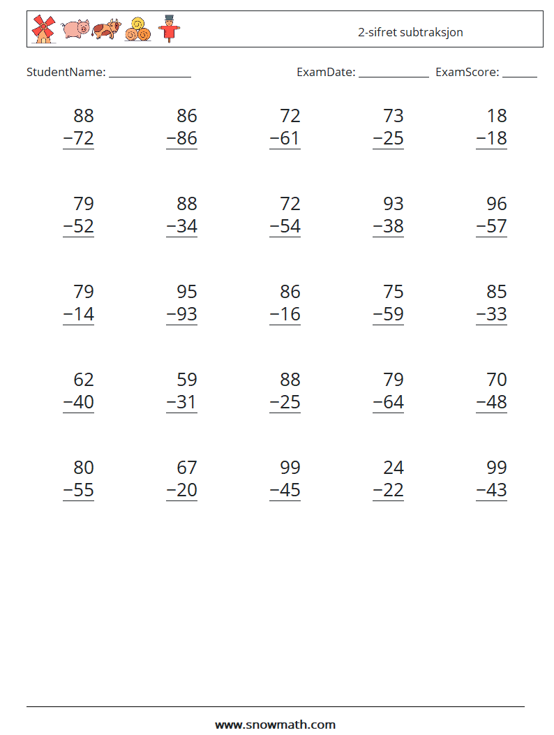 (25) 2-sifret subtraksjon MathWorksheets 6