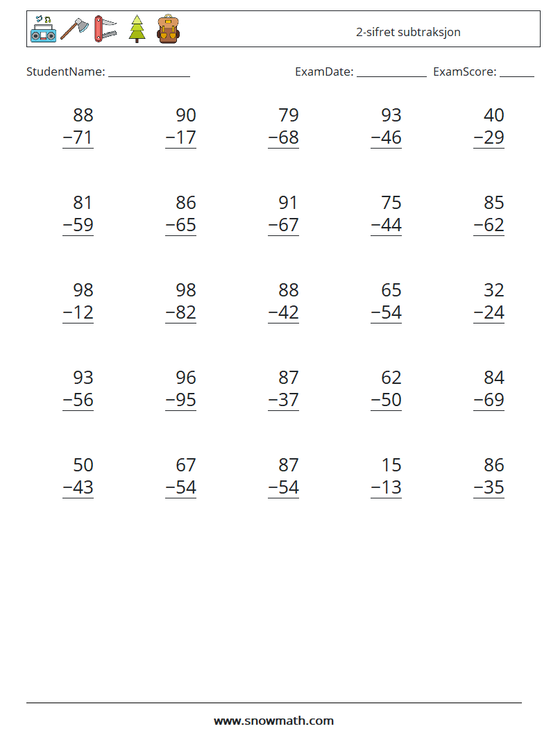(25) 2-sifret subtraksjon MathWorksheets 7