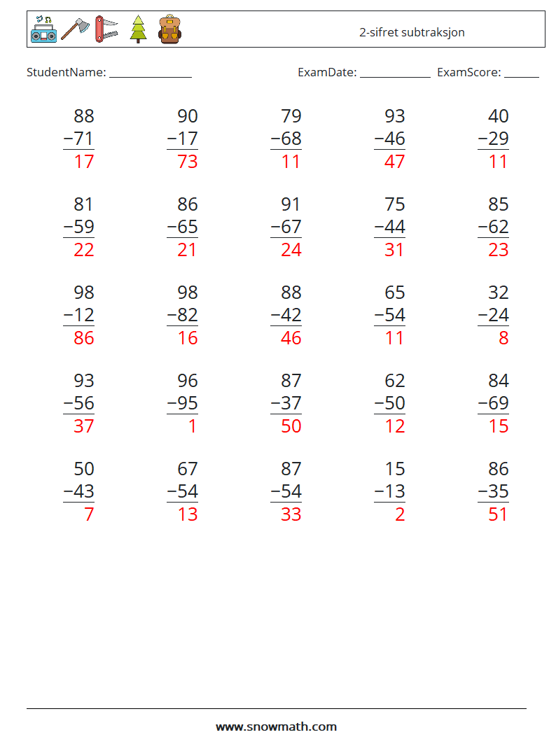 (25) 2-sifret subtraksjon MathWorksheets 7 QuestionAnswer