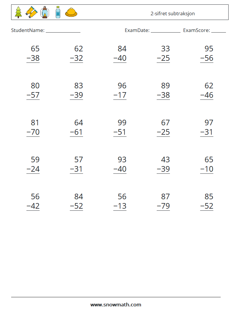 (25) 2-sifret subtraksjon MathWorksheets 8