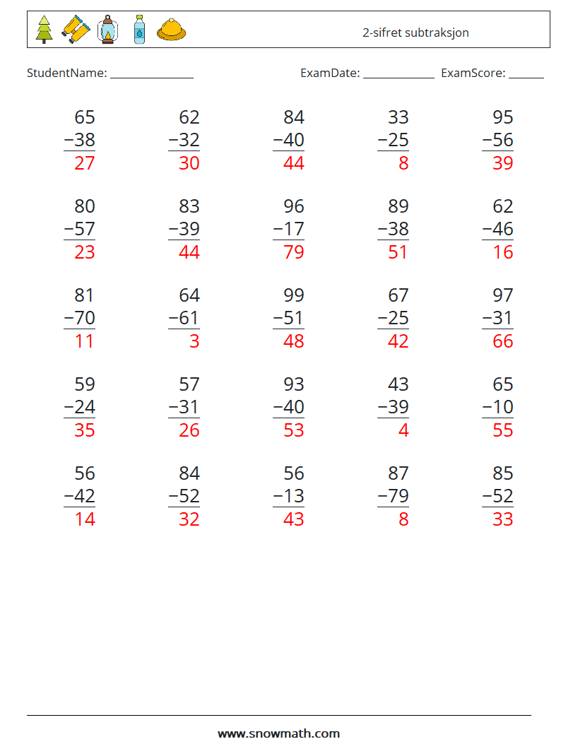 (25) 2-sifret subtraksjon MathWorksheets 8 QuestionAnswer