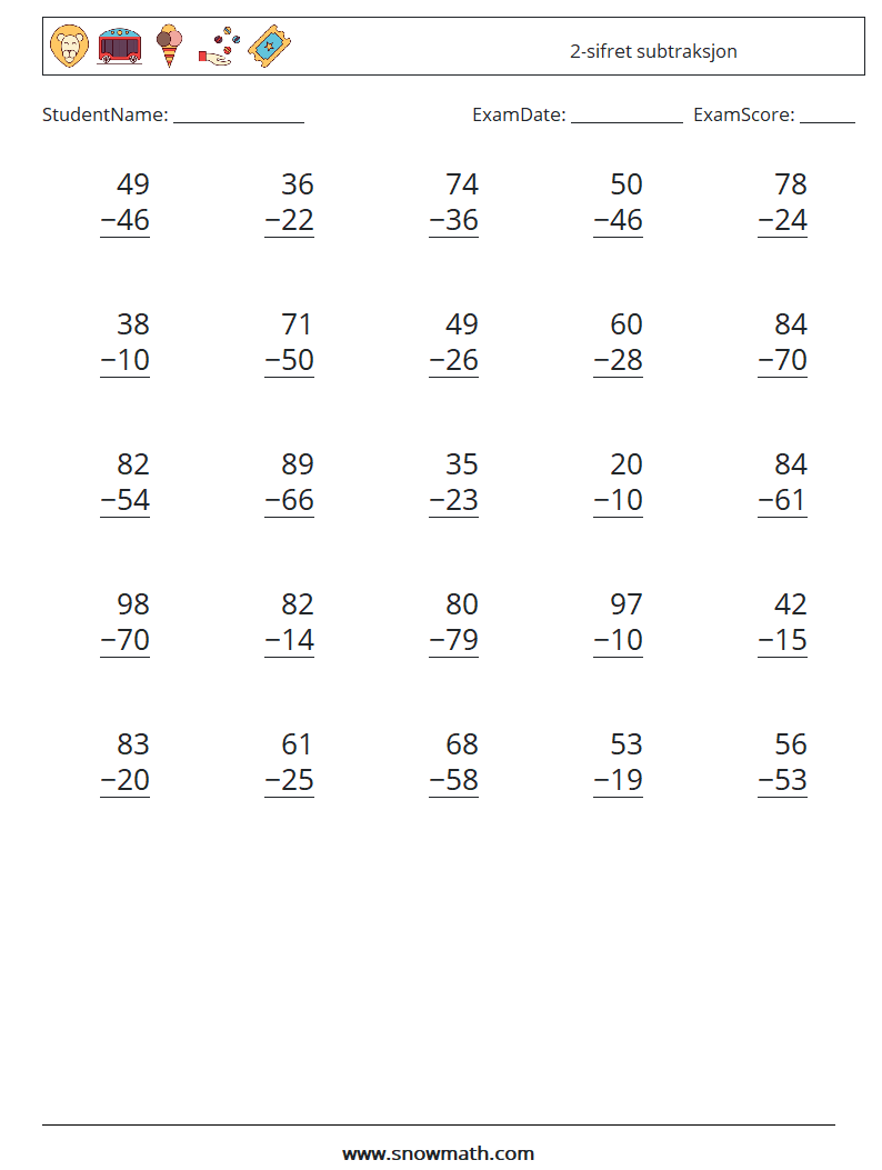 (25) 2-sifret subtraksjon MathWorksheets 9