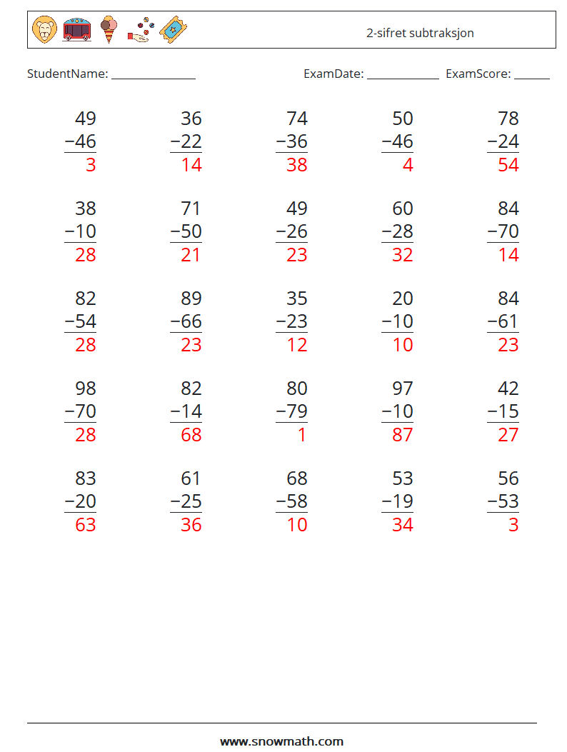 (25) 2-sifret subtraksjon MathWorksheets 9 QuestionAnswer