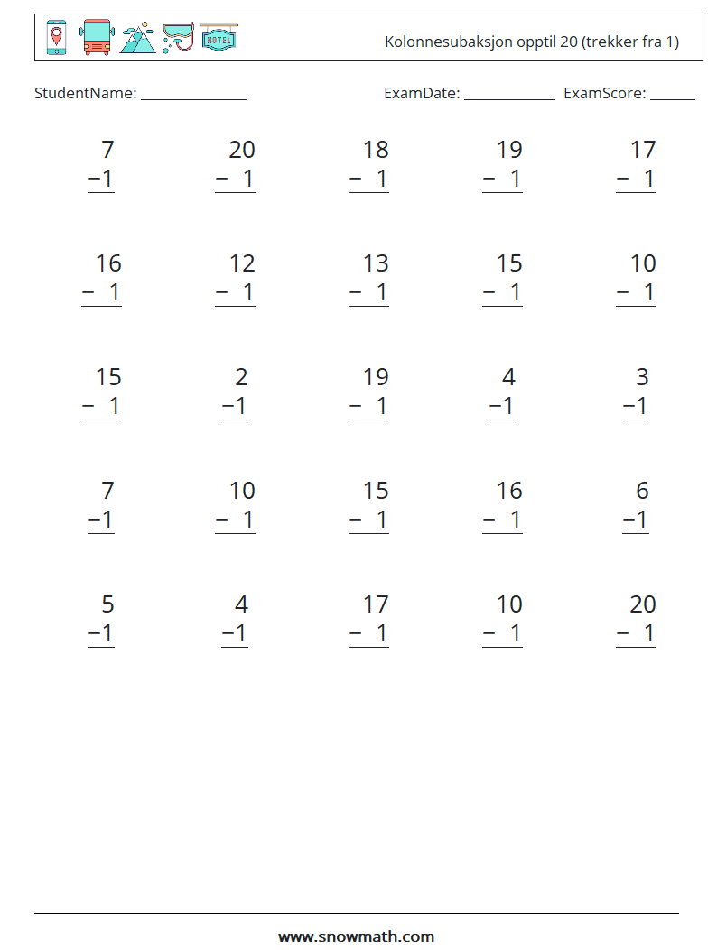 (25) Kolonnesubaksjon opptil 20 (trekker fra 1) MathWorksheets 2