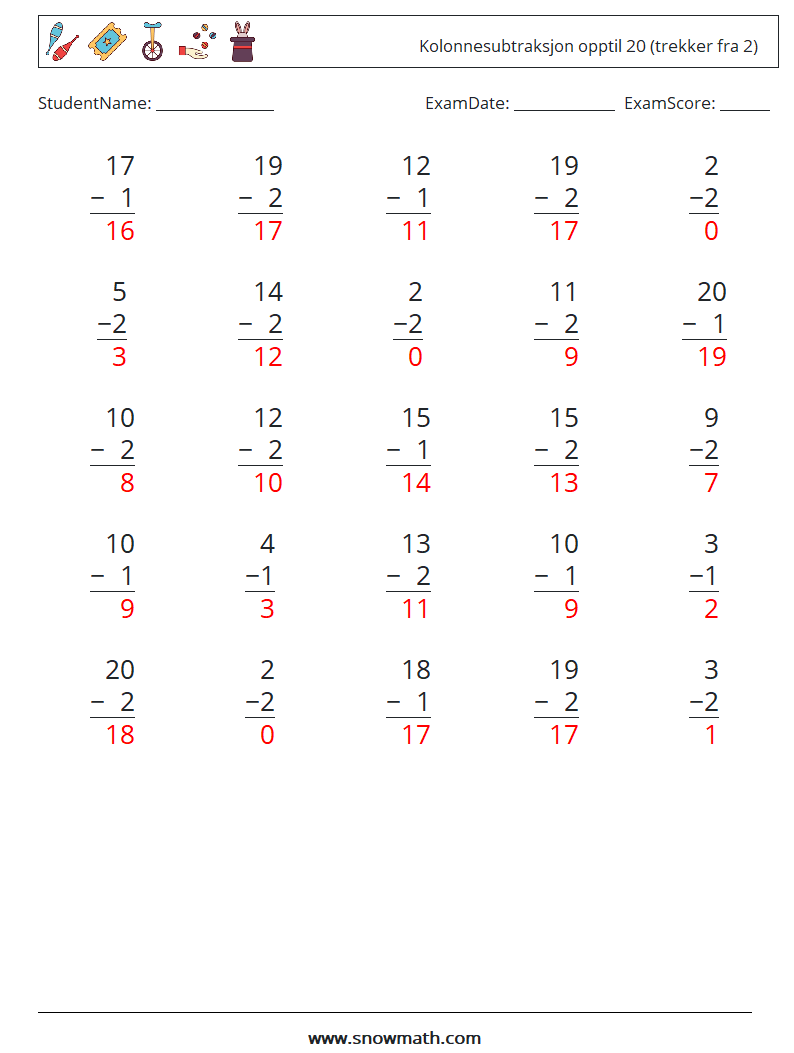 (25) Kolonnesubtraksjon opptil 20 (trekker fra 2) MathWorksheets 11 QuestionAnswer