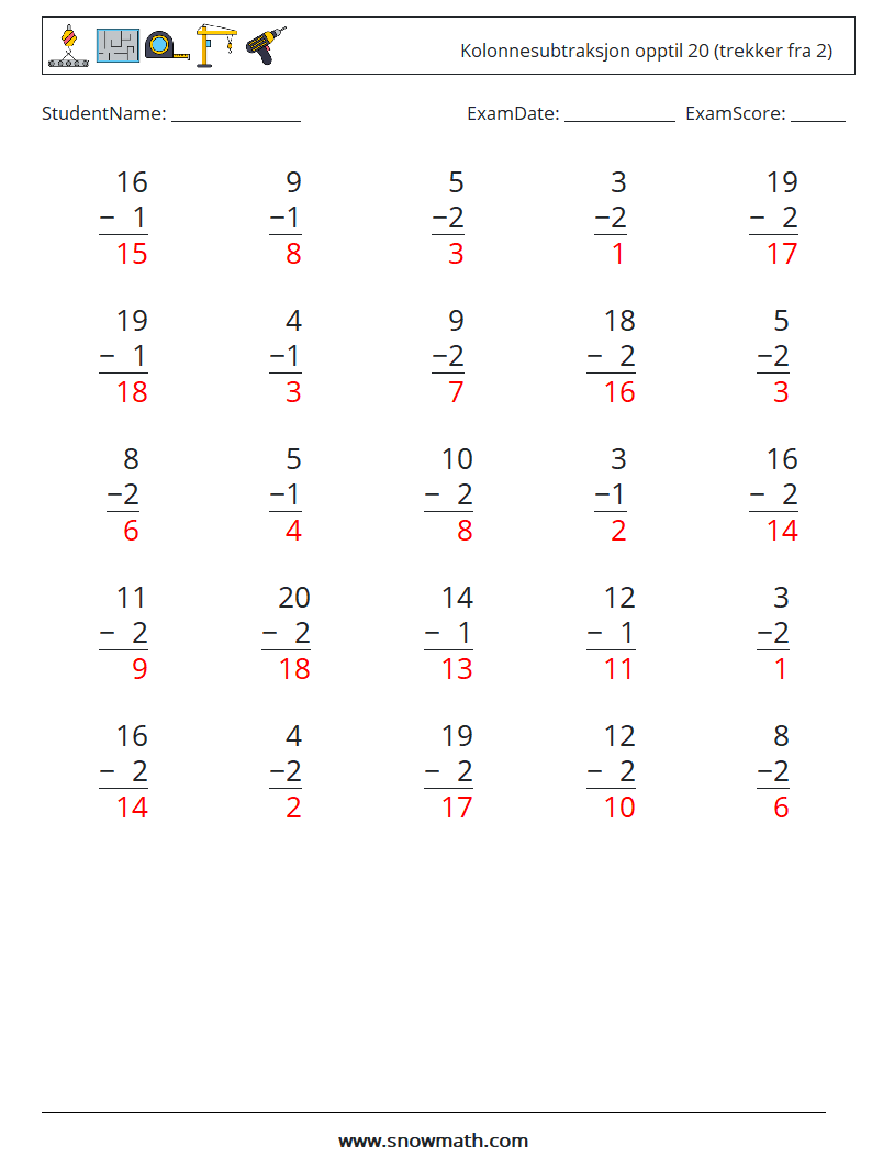 (25) Kolonnesubtraksjon opptil 20 (trekker fra 2) MathWorksheets 6 QuestionAnswer