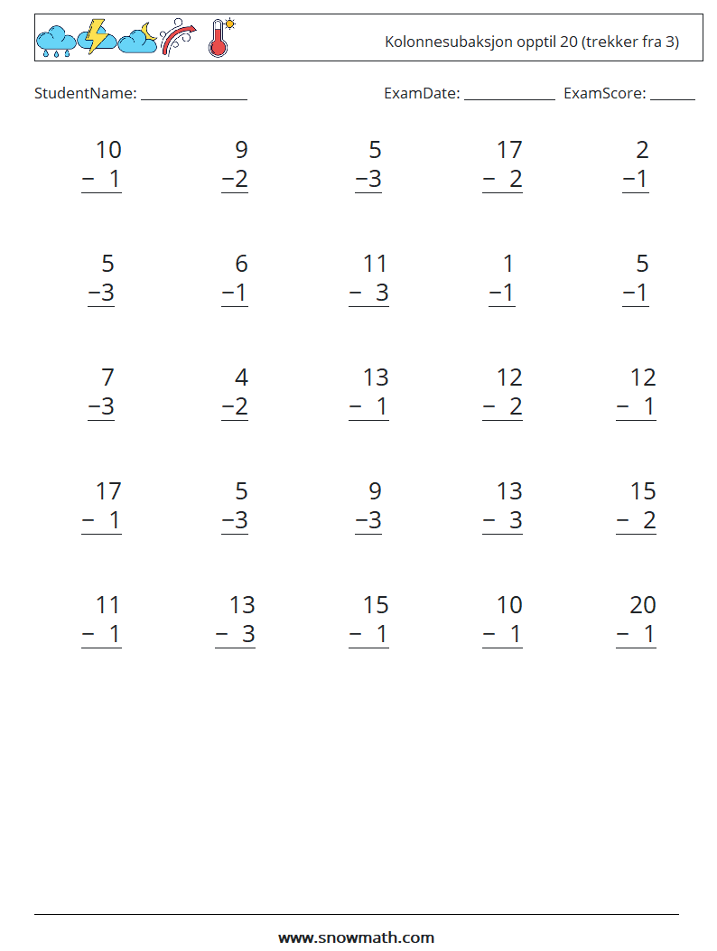 (25) Kolonnesubaksjon opptil 20 (trekker fra 3) MathWorksheets 10