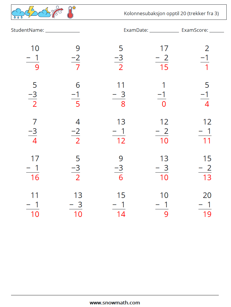 (25) Kolonnesubaksjon opptil 20 (trekker fra 3) MathWorksheets 10 QuestionAnswer
