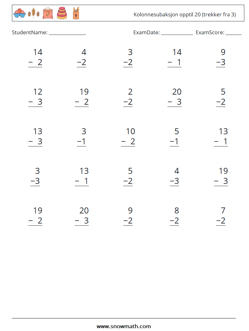 (25) Kolonnesubaksjon opptil 20 (trekker fra 3) MathWorksheets 11