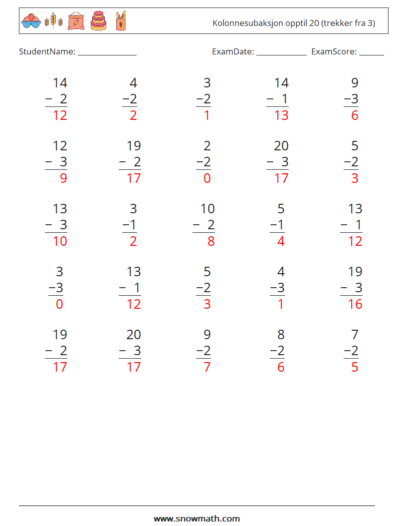 (25) Kolonnesubaksjon opptil 20 (trekker fra 3) MathWorksheets 11 QuestionAnswer