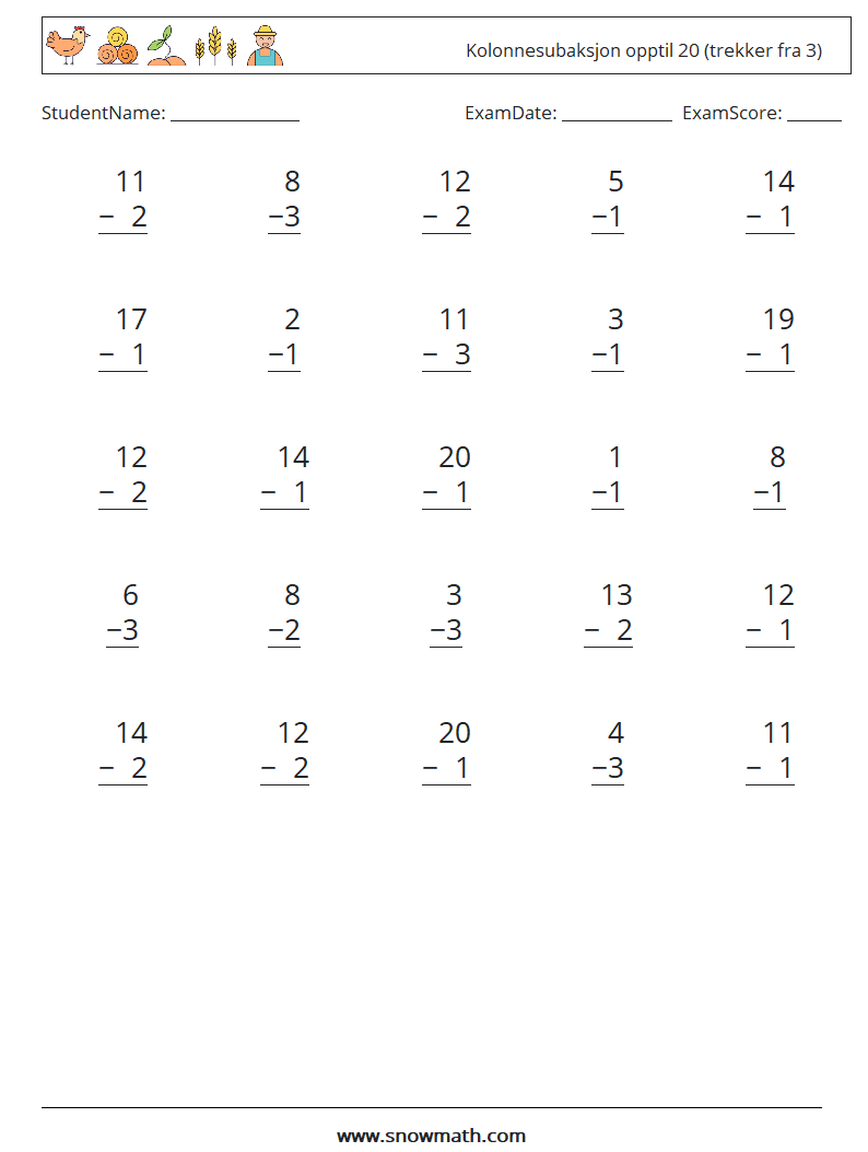 (25) Kolonnesubaksjon opptil 20 (trekker fra 3) MathWorksheets 12