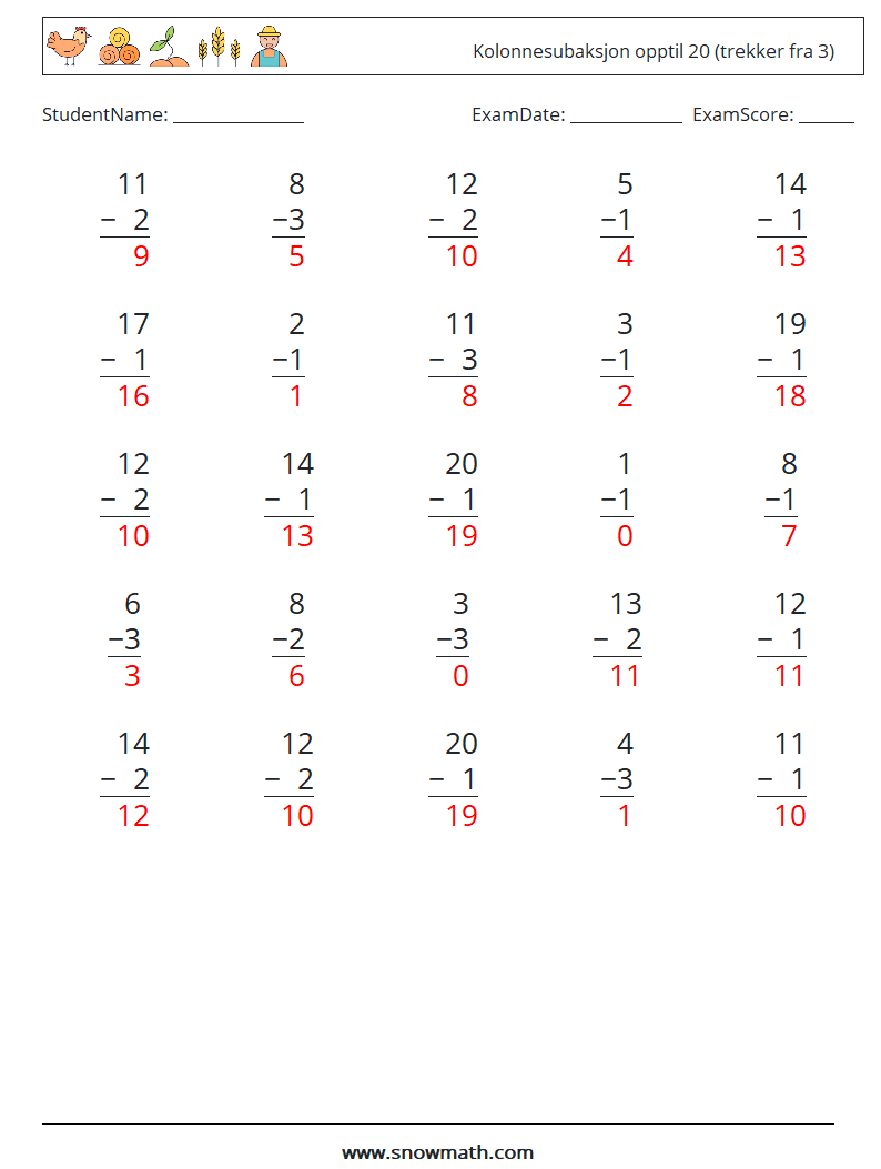 (25) Kolonnesubaksjon opptil 20 (trekker fra 3) MathWorksheets 12 QuestionAnswer
