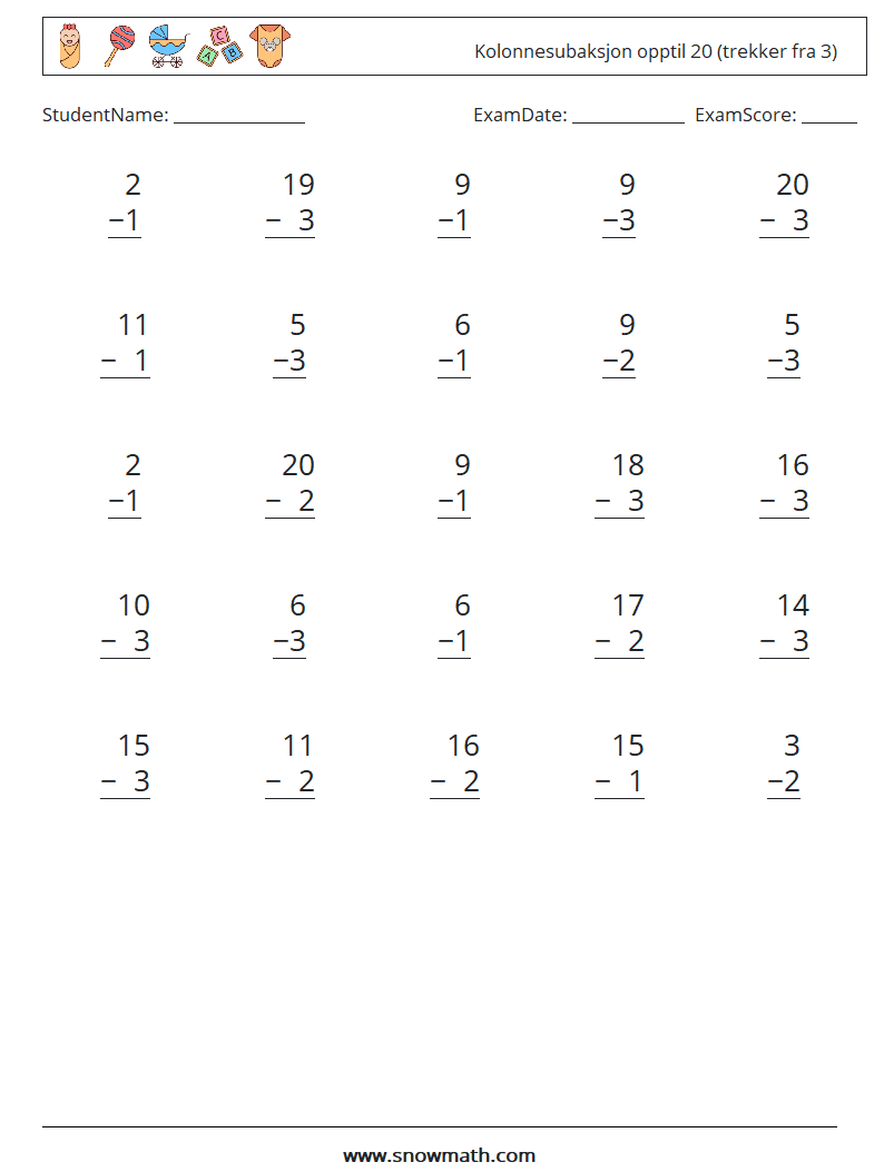 (25) Kolonnesubaksjon opptil 20 (trekker fra 3) MathWorksheets 13