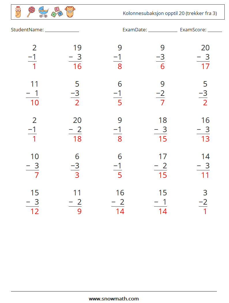 (25) Kolonnesubaksjon opptil 20 (trekker fra 3) MathWorksheets 13 QuestionAnswer