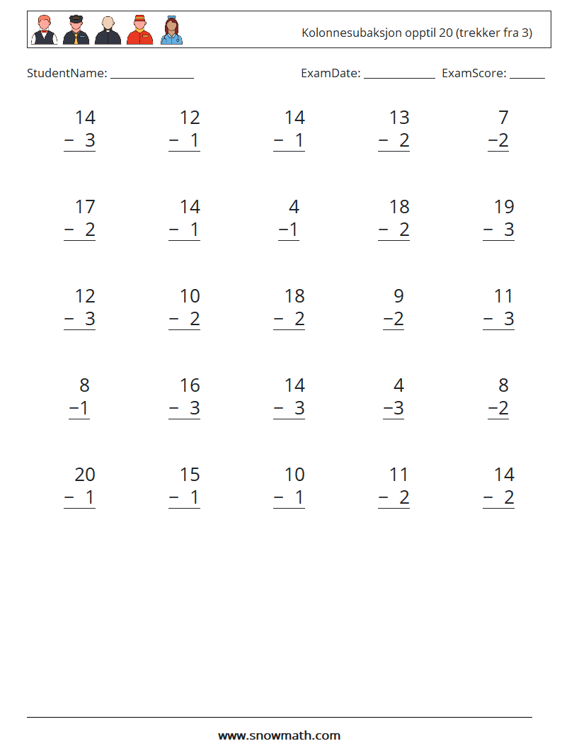 (25) Kolonnesubaksjon opptil 20 (trekker fra 3) MathWorksheets 14
