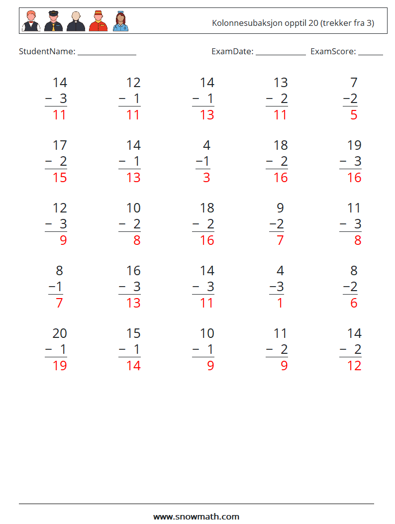 (25) Kolonnesubaksjon opptil 20 (trekker fra 3) MathWorksheets 14 QuestionAnswer
