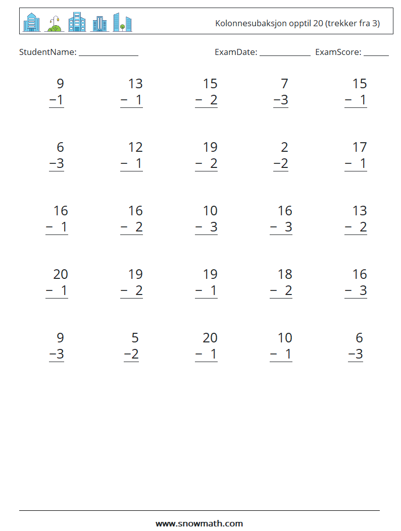 (25) Kolonnesubaksjon opptil 20 (trekker fra 3) MathWorksheets 15