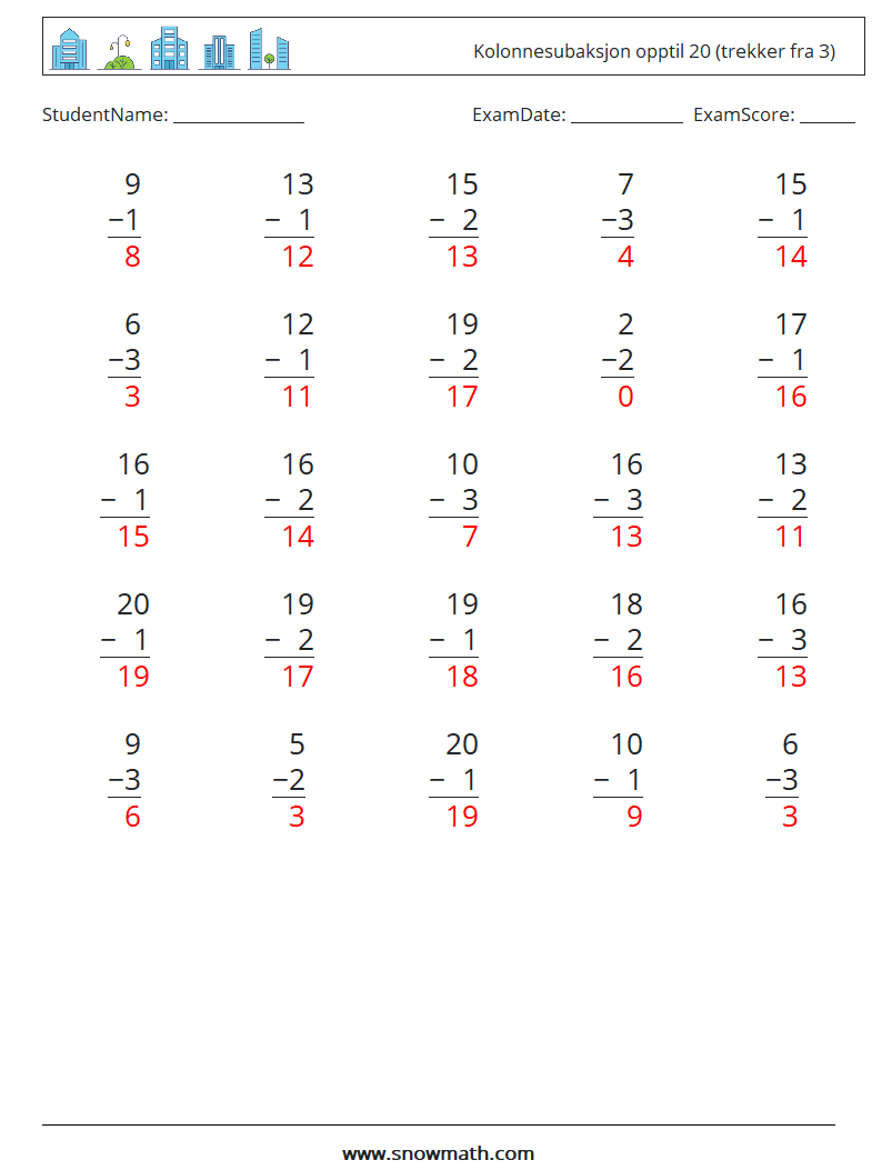 (25) Kolonnesubaksjon opptil 20 (trekker fra 3) MathWorksheets 15 QuestionAnswer