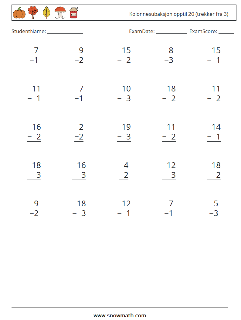 (25) Kolonnesubaksjon opptil 20 (trekker fra 3) MathWorksheets 16