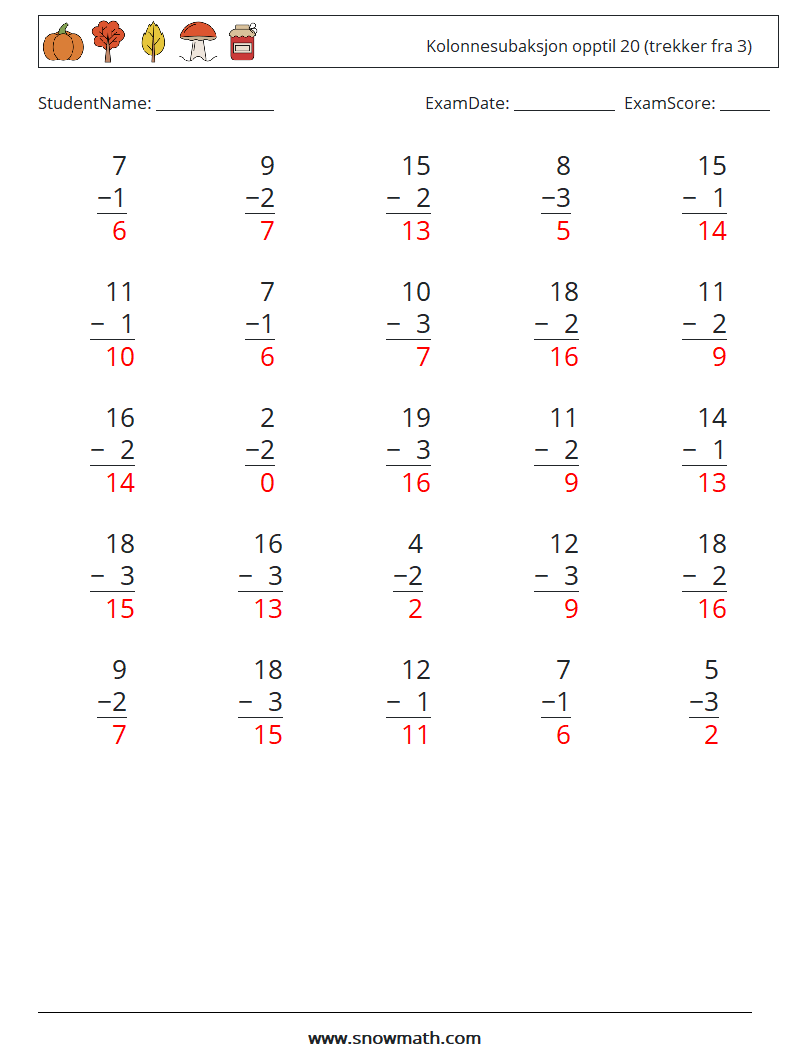(25) Kolonnesubaksjon opptil 20 (trekker fra 3) MathWorksheets 16 QuestionAnswer
