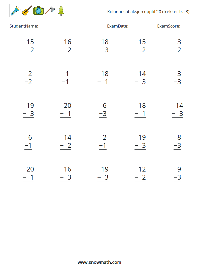 (25) Kolonnesubaksjon opptil 20 (trekker fra 3) MathWorksheets 17
