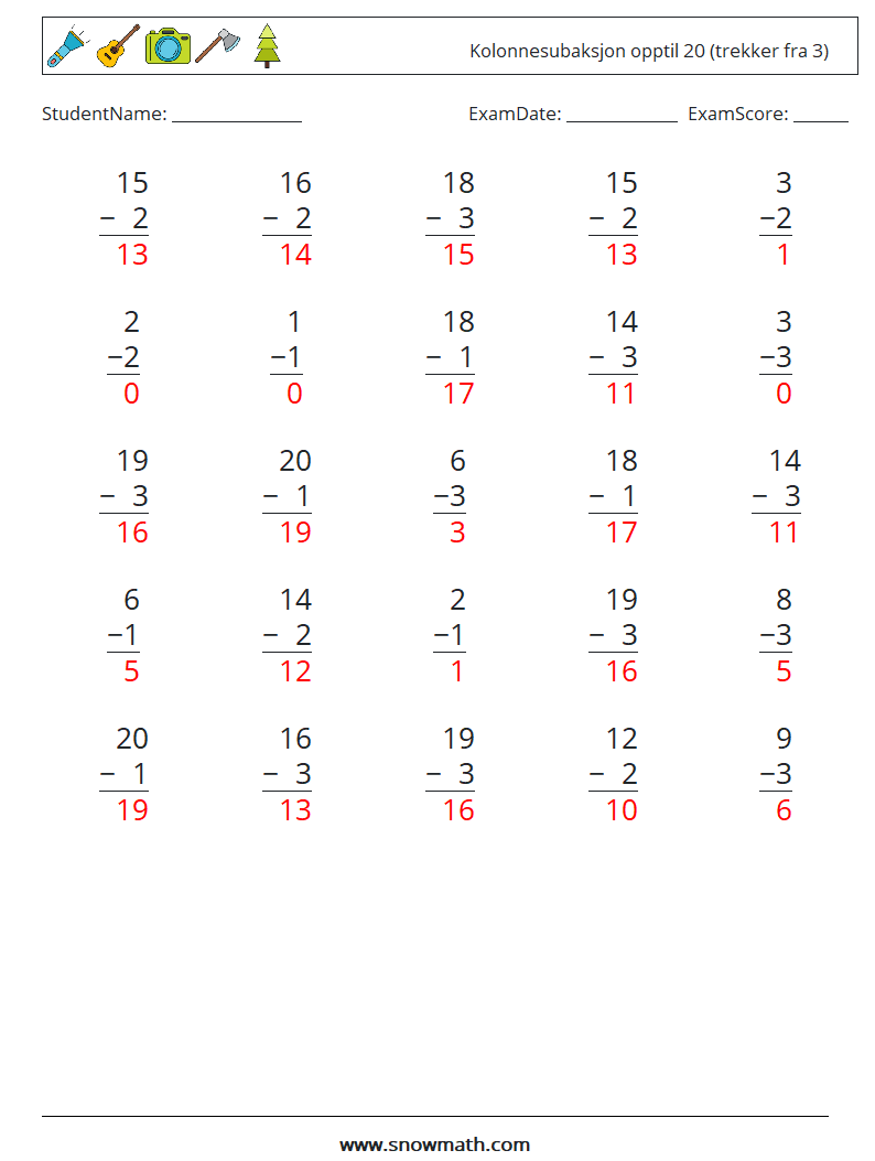 (25) Kolonnesubaksjon opptil 20 (trekker fra 3) MathWorksheets 17 QuestionAnswer