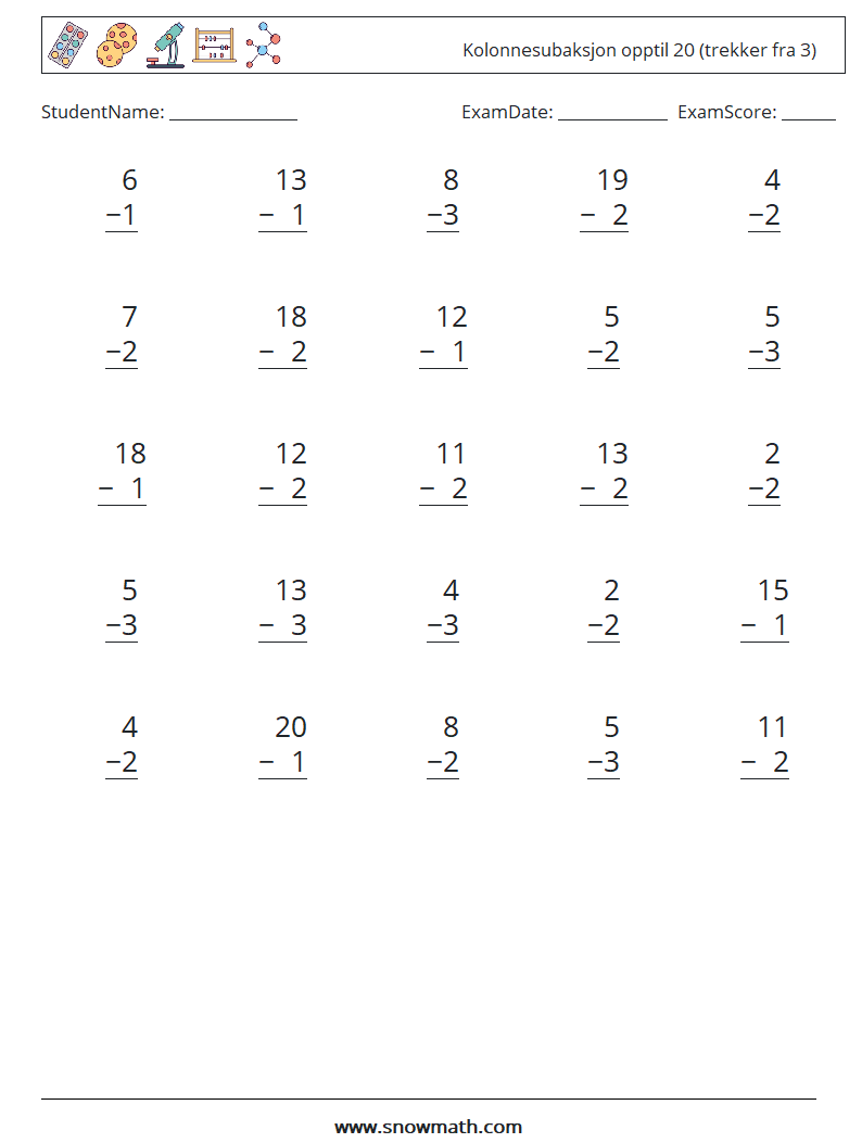 (25) Kolonnesubaksjon opptil 20 (trekker fra 3) MathWorksheets 18