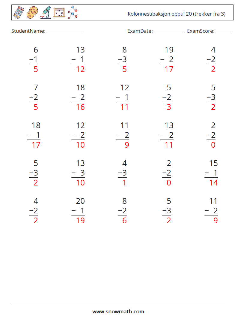 (25) Kolonnesubaksjon opptil 20 (trekker fra 3) MathWorksheets 18 QuestionAnswer