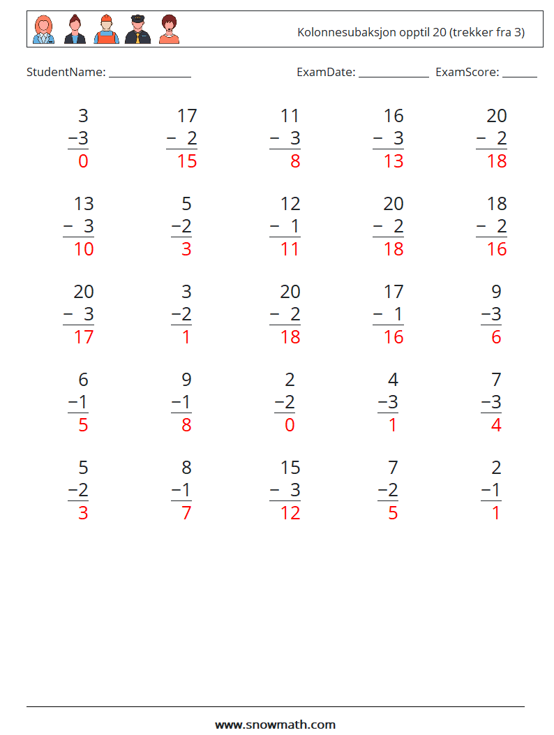 (25) Kolonnesubaksjon opptil 20 (trekker fra 3) MathWorksheets 1 QuestionAnswer