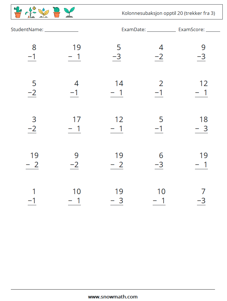 (25) Kolonnesubaksjon opptil 20 (trekker fra 3) MathWorksheets 2