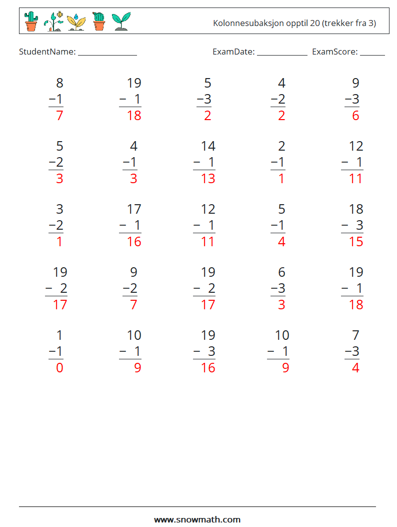 (25) Kolonnesubaksjon opptil 20 (trekker fra 3) MathWorksheets 2 QuestionAnswer