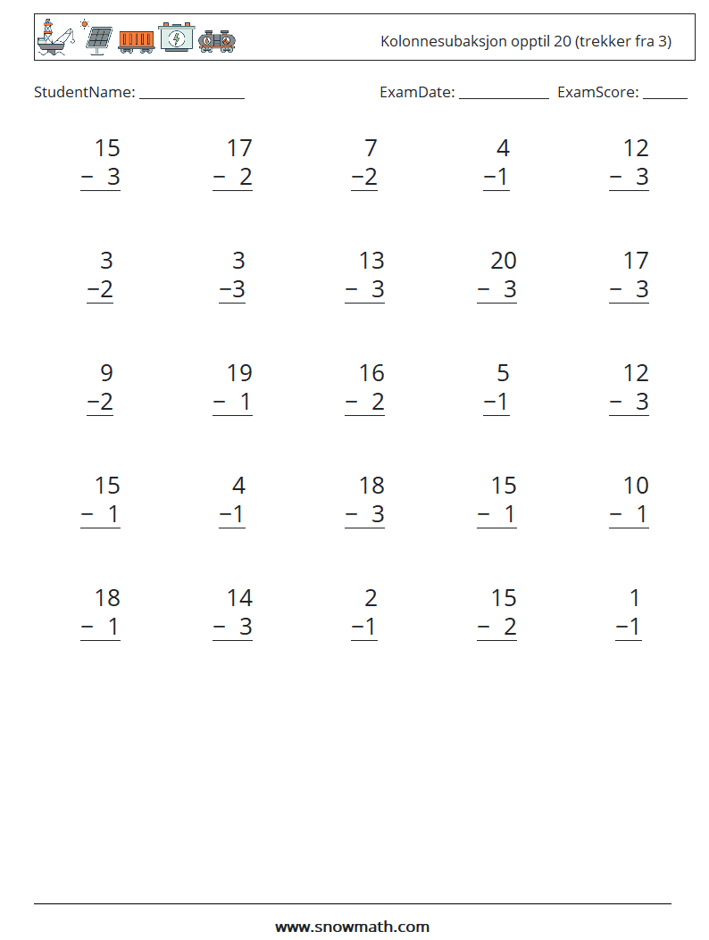 (25) Kolonnesubaksjon opptil 20 (trekker fra 3) MathWorksheets 3