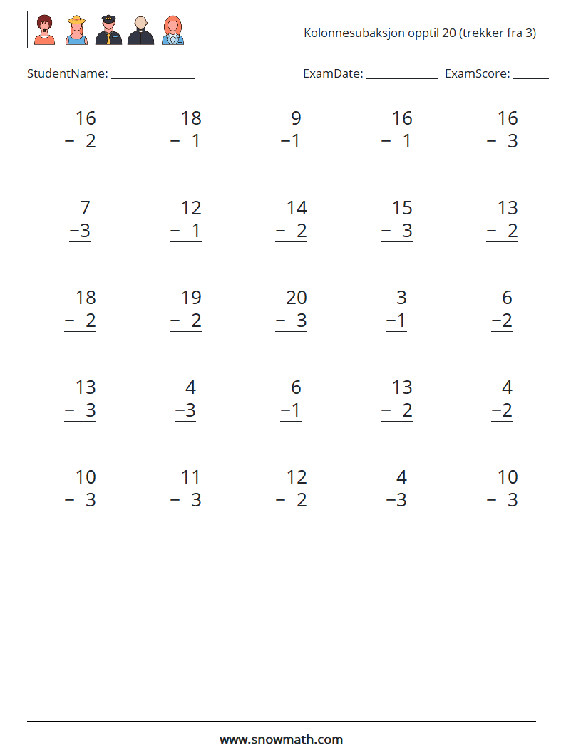 (25) Kolonnesubaksjon opptil 20 (trekker fra 3) MathWorksheets 4