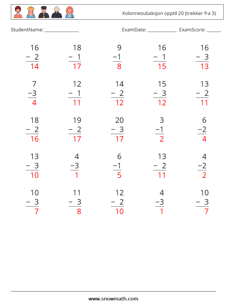 (25) Kolonnesubaksjon opptil 20 (trekker fra 3) MathWorksheets 4 QuestionAnswer