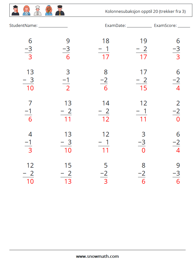 (25) Kolonnesubaksjon opptil 20 (trekker fra 3) MathWorksheets 5 QuestionAnswer