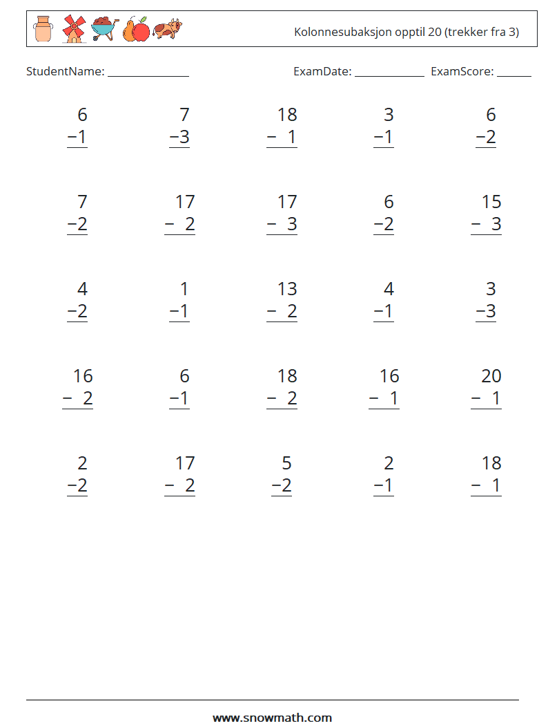 (25) Kolonnesubaksjon opptil 20 (trekker fra 3) MathWorksheets 6