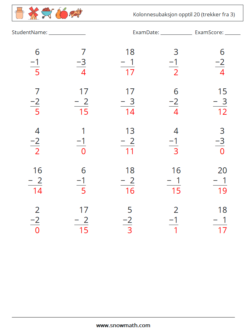 (25) Kolonnesubaksjon opptil 20 (trekker fra 3) MathWorksheets 6 QuestionAnswer