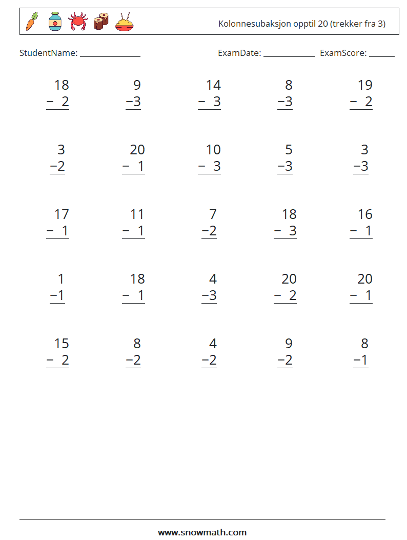 (25) Kolonnesubaksjon opptil 20 (trekker fra 3) MathWorksheets 7