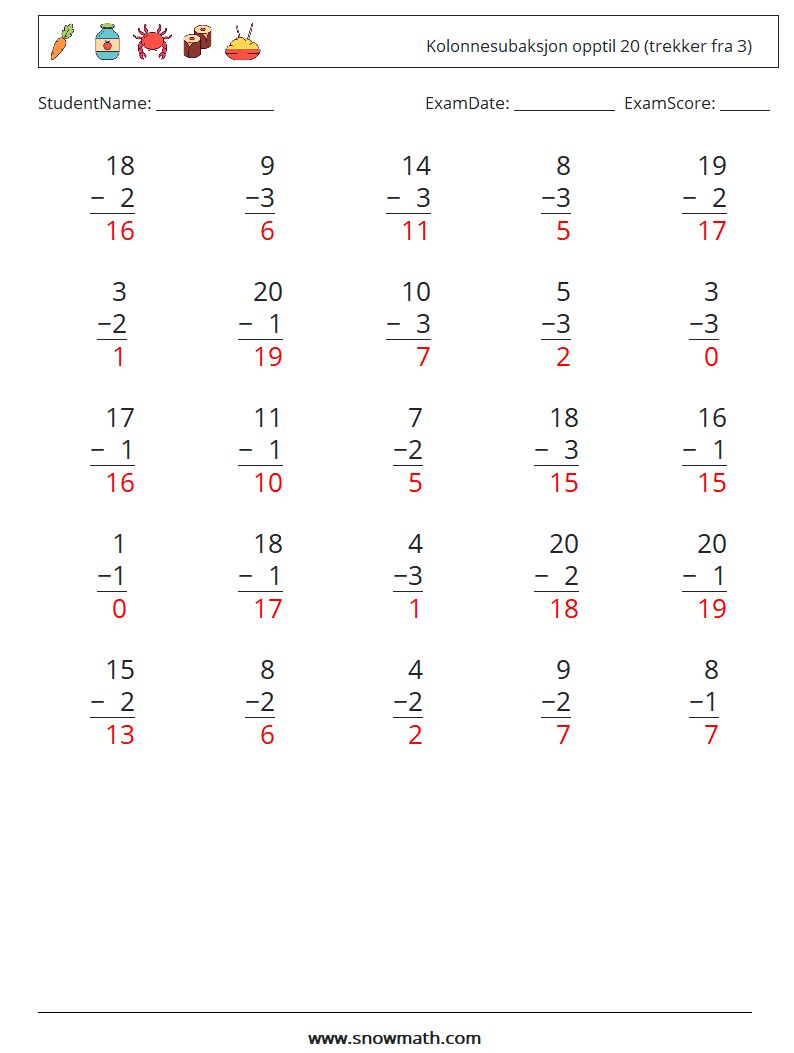 (25) Kolonnesubaksjon opptil 20 (trekker fra 3) MathWorksheets 7 QuestionAnswer