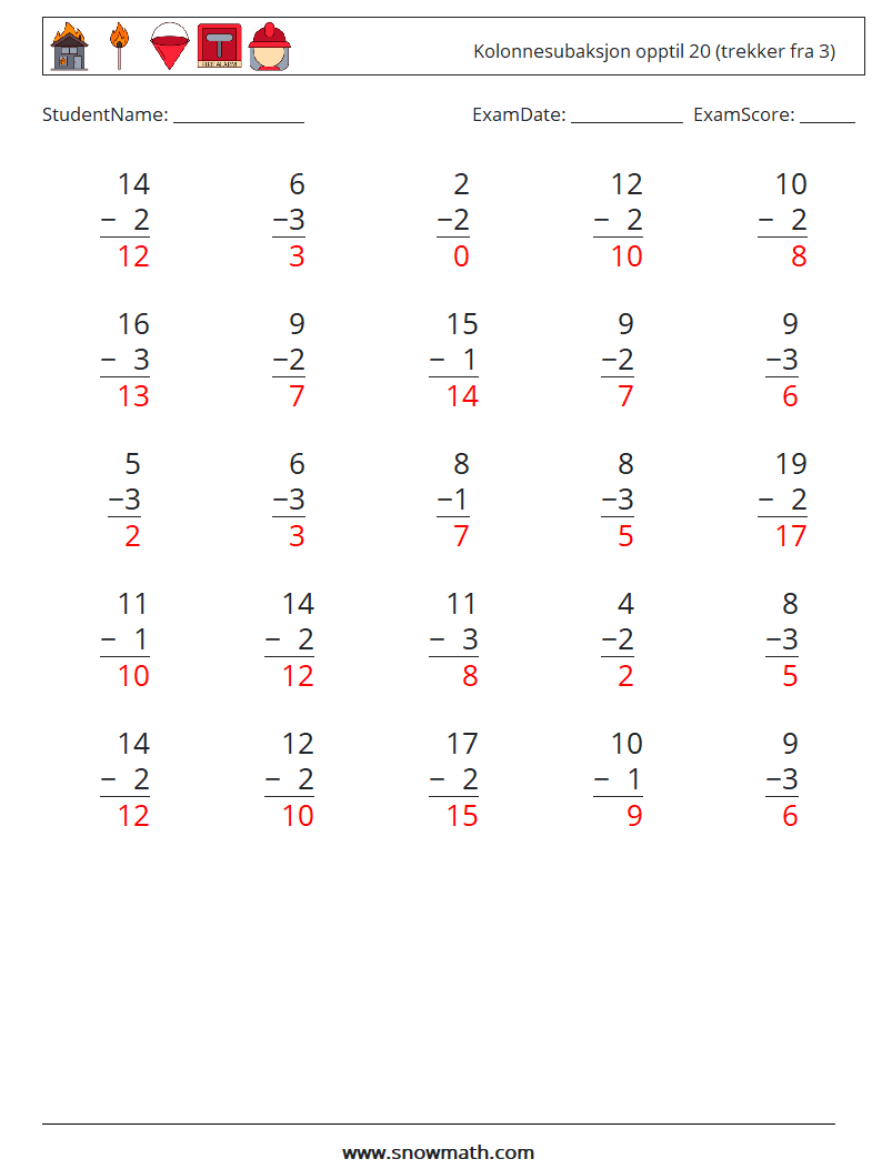 (25) Kolonnesubaksjon opptil 20 (trekker fra 3) MathWorksheets 8 QuestionAnswer