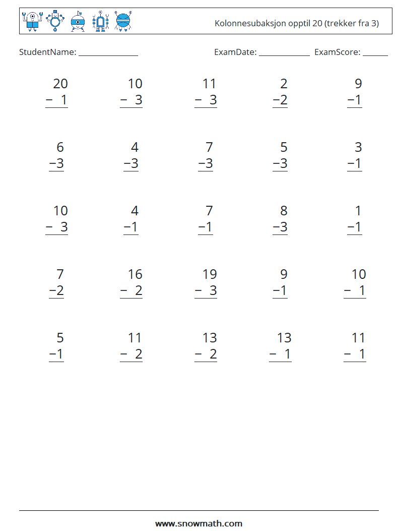 (25) Kolonnesubaksjon opptil 20 (trekker fra 3) MathWorksheets 9