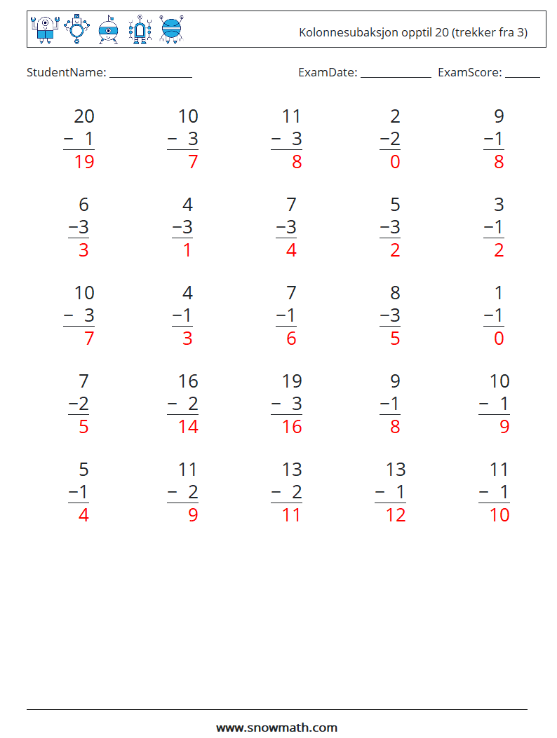 (25) Kolonnesubaksjon opptil 20 (trekker fra 3) MathWorksheets 9 QuestionAnswer