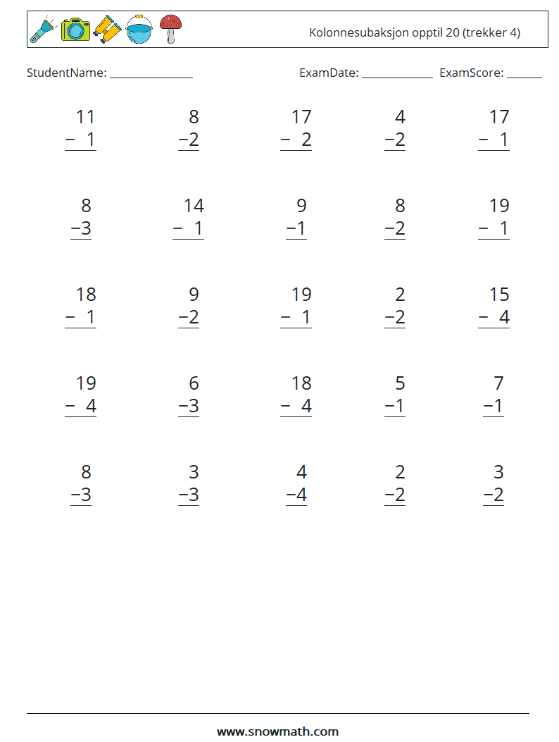 (25) Kolonnesubaksjon opptil 20 (trekker 4) MathWorksheets 3