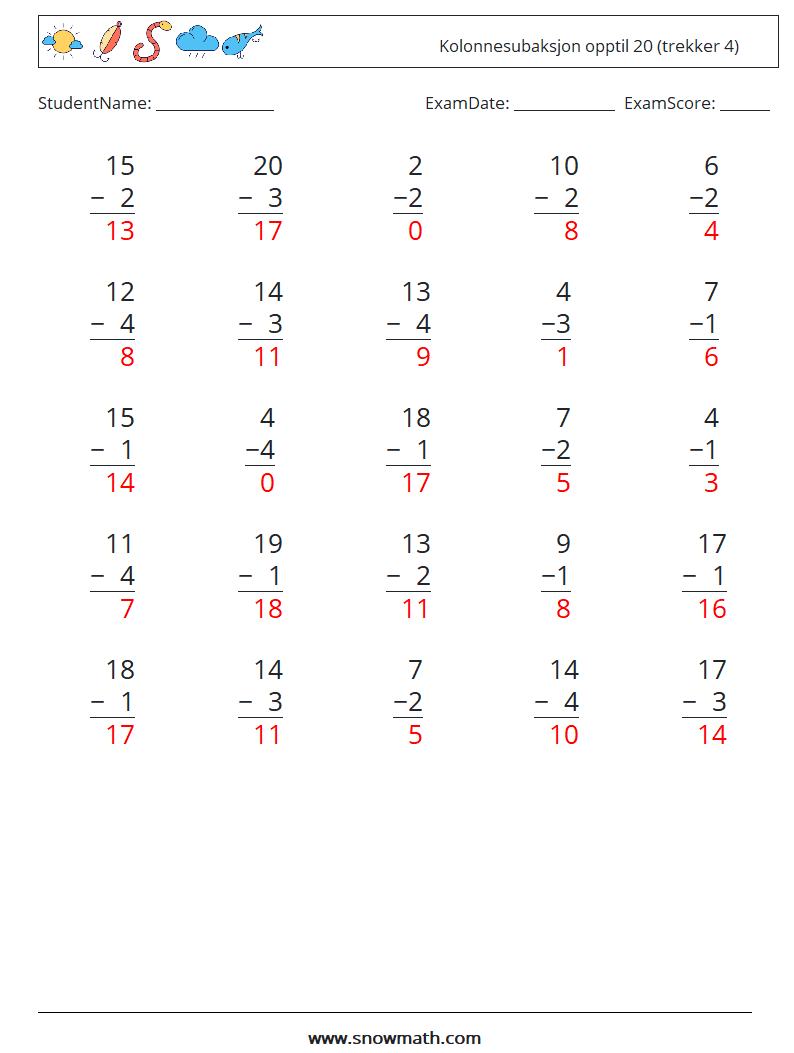 (25) Kolonnesubaksjon opptil 20 (trekker 4) MathWorksheets 4 QuestionAnswer