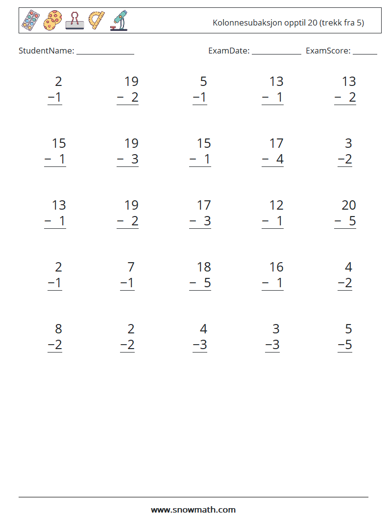 (25) Kolonnesubaksjon opptil 20 (trekk fra 5) MathWorksheets 10
