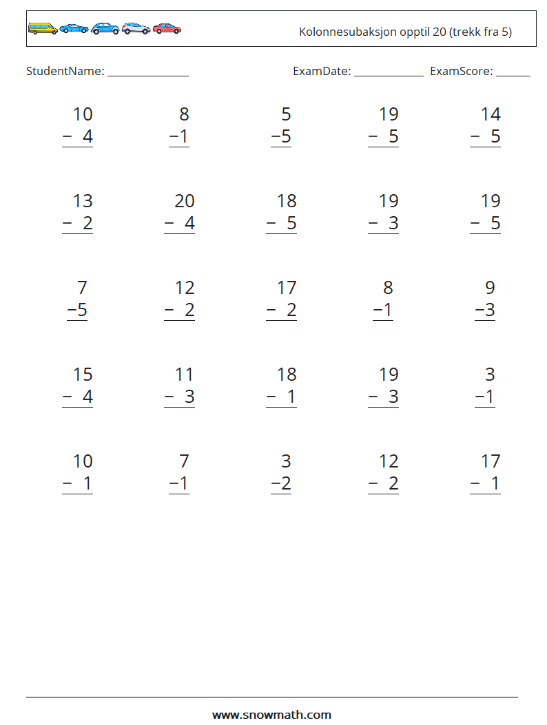 (25) Kolonnesubaksjon opptil 20 (trekk fra 5) MathWorksheets 11