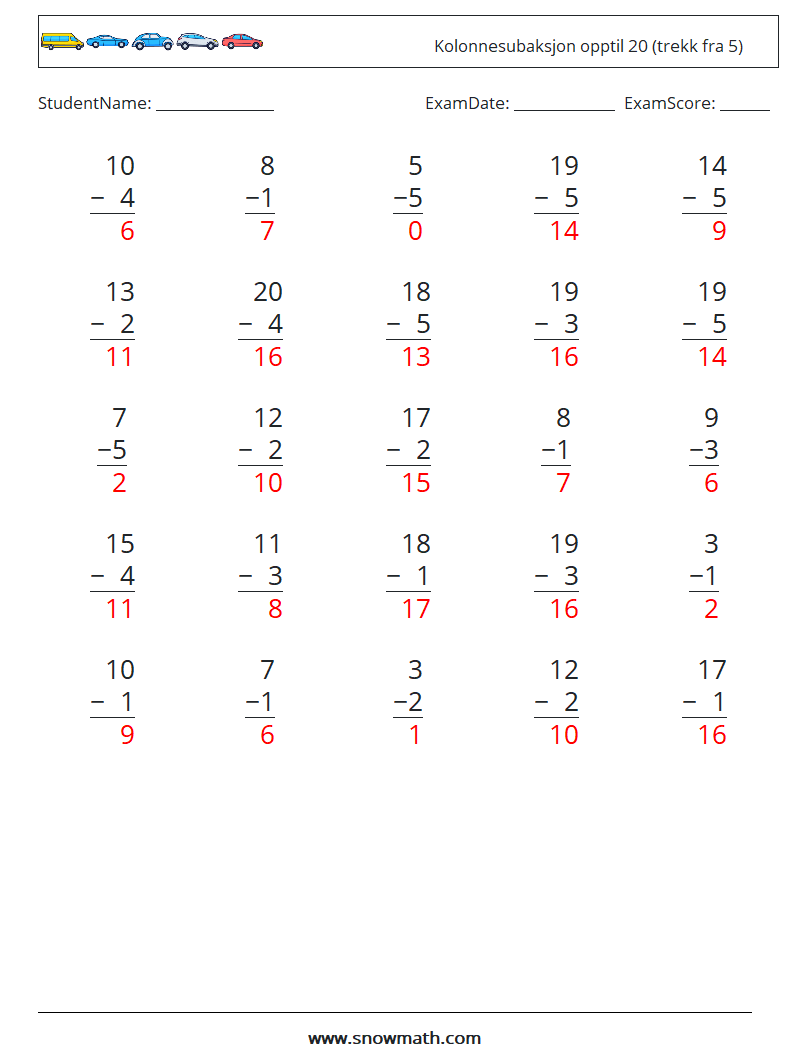 (25) Kolonnesubaksjon opptil 20 (trekk fra 5) MathWorksheets 11 QuestionAnswer