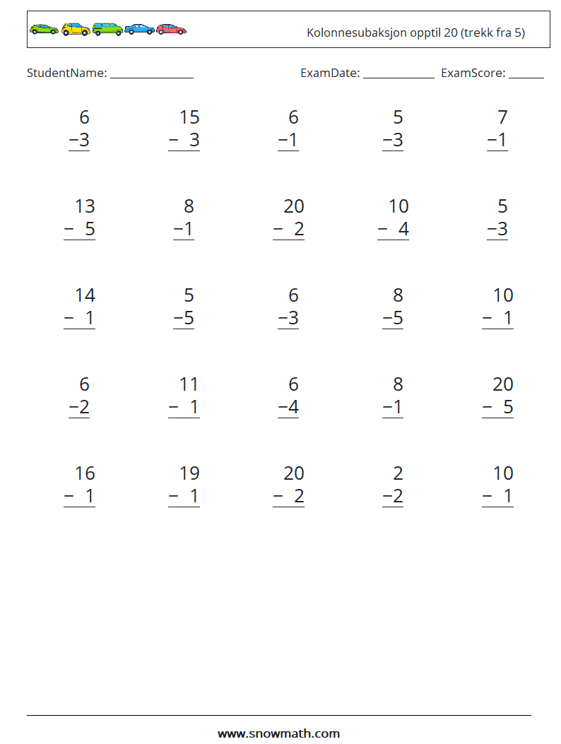 (25) Kolonnesubaksjon opptil 20 (trekk fra 5) MathWorksheets 12
