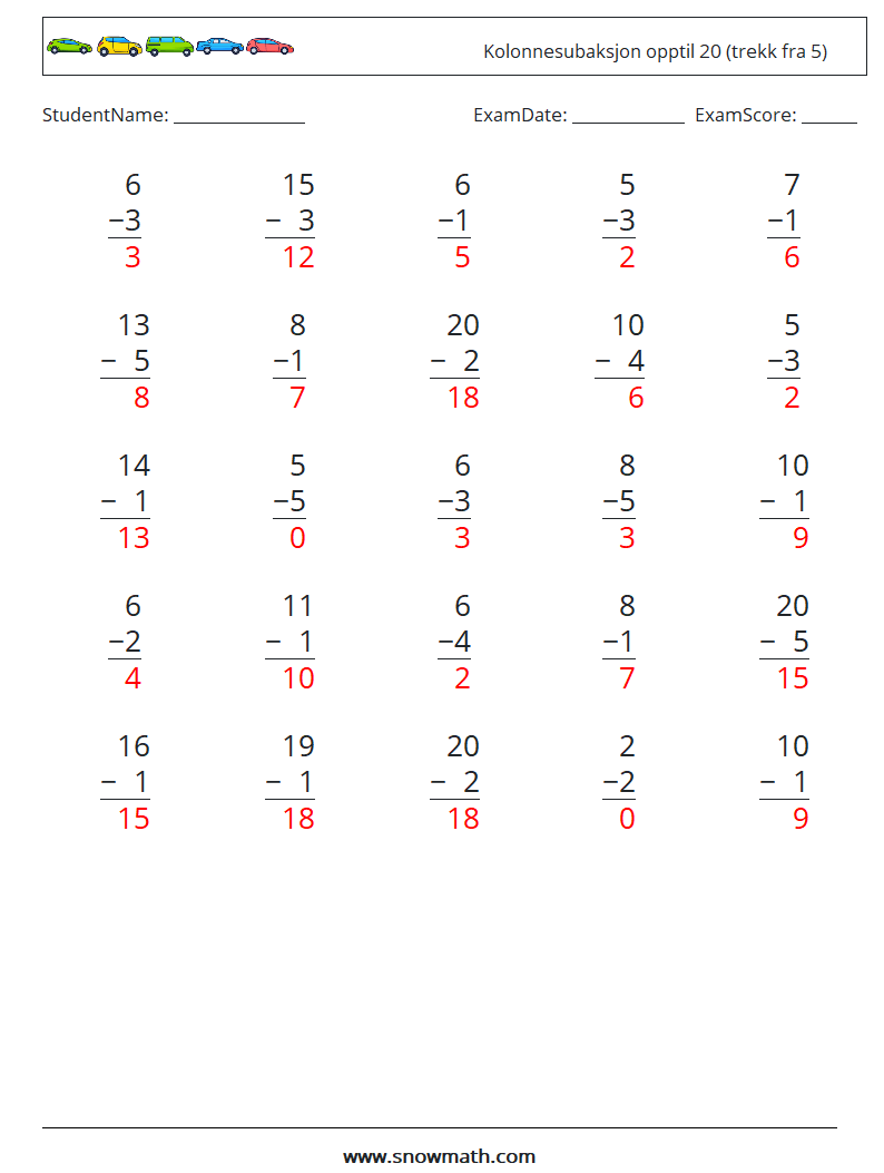 (25) Kolonnesubaksjon opptil 20 (trekk fra 5) MathWorksheets 12 QuestionAnswer