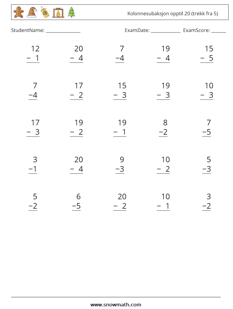 (25) Kolonnesubaksjon opptil 20 (trekk fra 5) MathWorksheets 13